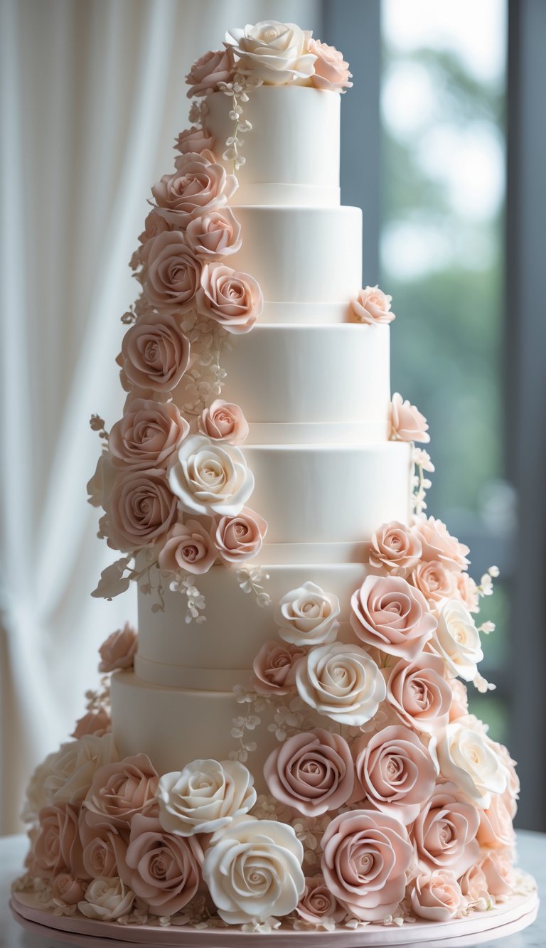 A multi-tiered wedding cake decorated with cascading sugar roses.
